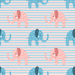 Cute blue and pink elephants seamless pattern on color stripes background. Beautiful baby graphic textile print with colorful lines. Child shower illustration. Boy and girl animals ornament.