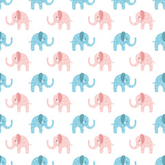 Cute blue and pink elephants seamless pattern on white background. Beautiful baby graphic textile print. Child shower illustration. Boy and girl animals ornament.