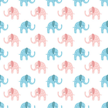 Cute blue and pink elephants seamless pattern on white background. Beautiful baby graphic textile print. Child shower illustration. Boy and girl animals ornament.