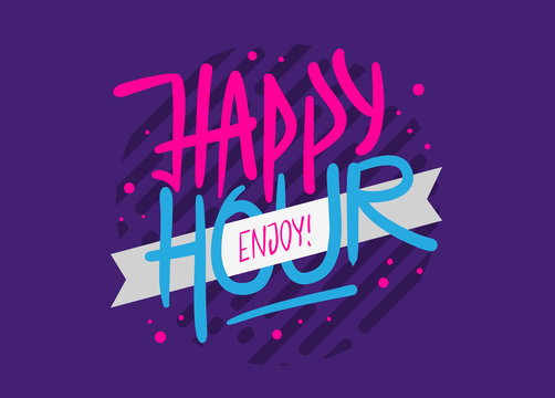 Happy Hour Label Sign Logo Hand Drawn Brush Lettering Calligraphy Type Design Vector Graphic