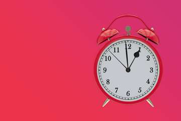 Old red clock on a red, purple gradient background shows 1 hours