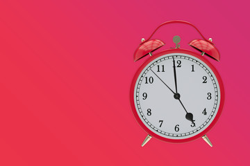 Old red clock on a red, purple gradient background shows 5 hours