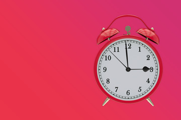 Old red clock on a red, purple gradient background shows 3 hours
