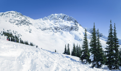 The peak of Blackcomb Mountain, 7th Heaven, on a sunny day.