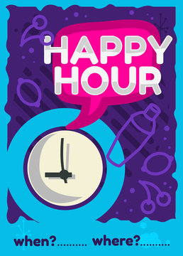 Happy Hour Poster Flyer Design Pink Sky Blue Purple Colors Vector Graphic