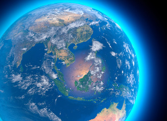 Mappa fisica del mondo, vista satellitare del Sud-est asiatico, Indonesia. Globo. Emisfero. Rilievi e oceani. Rendering 3D. Elemento di questa immagine è fornito dalla NASA