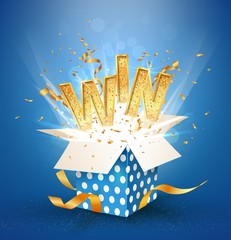 WIN gold text. Open textured blue box with confetti explosion inside and golden win word. Flying particles from giftbox vector illustration on white background - obrazy, fototapety, plakaty