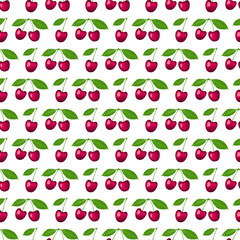 Cherry two berries with leaf seamless pattern isolated on white background. Vector illustration