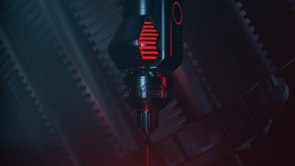 Red laser on cutting machine. 3d illustration