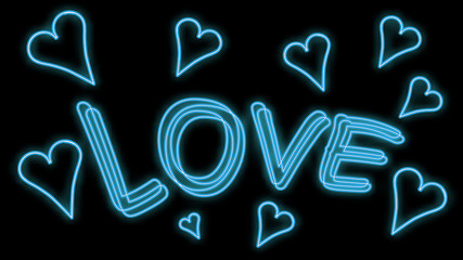 Beautiful abstract neon bright glowing icon, a sign of love hearts and write love for Valentine's Day and copy space on a black background. Vector