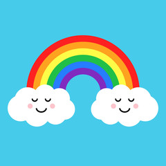 Rainbow and clouds on blue background. Vector illustration