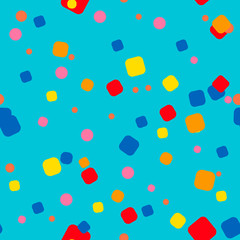 Bright messy round rectangles and dots on turquoise background. Festive seamless pattern with yellow, pink, blue, red, orange round shapes. Grunge dotted texture. Vector illustration.