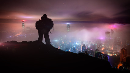 Fototapeta premium Couple on Valentine’s Day in a romantic Sci-Fi background - Victoria Peak Hong Kong