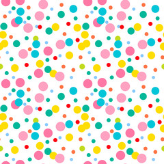 Bright pink, yellow, green, blue, red messy dots on white background. Festive seamless pattern with round shapes. Grunge dotted texture for wrapping paper, web. Vector illustration.