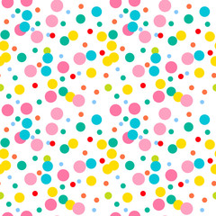 Bright pink, yellow, green, blue, red messy dots on white background. Festive seamless pattern with round shapes. Grunge dotted texture for wrapping paper, web. Vector illustration.