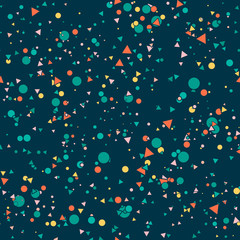 Abstract seamless pattern with colorful green, orange, yellow chaotic small circles and triangles on navy blue. Infinity confetti geometric pattern. Vector illustration. 