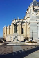 View of facade of Almudena Cathedral in City of Madrid, Spain
