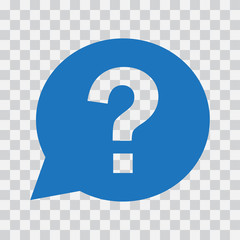 Question mark sign in blue speech balloon. Help icon on transparent background. Vector illustration