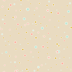 Colorful seamless pattern with random little cute geometrical shapes with white outline. Messy circles, dots, stars on beige background. Dotted texture. Geometric wrapping paper. Vector illustration.
