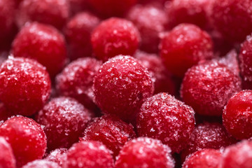Group of frozen cherries close up.
