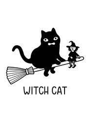 A Cartoon Vector Drawing Of A Big Black Cat Flying On The Broomstick With A TIny Witch Beside It
