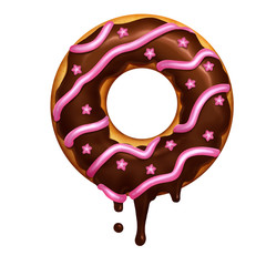 Donut pink round with chocolate. Pink donut letter o. Donut with chocolate on a white background isolated.