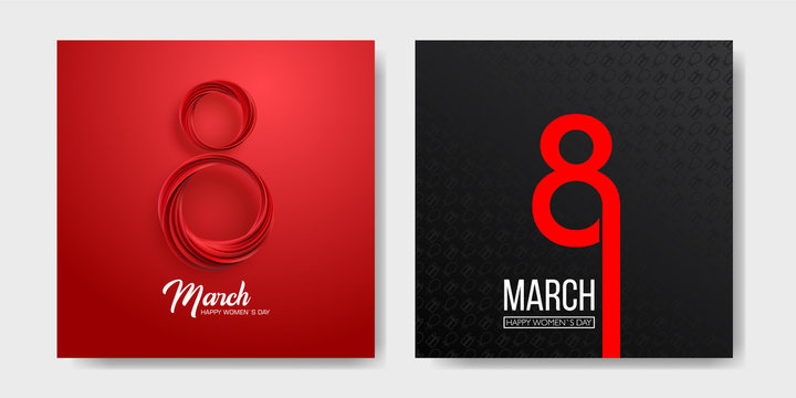 Banner for the International Womens Day. Sale banner, discount card. March 8 on the dark, black and red background. Vector illustration