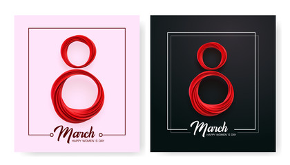 Banner for the International Womens Day. Sale banner, discount card. Red March 8 on the pink and dark, black background. Vector illustration
