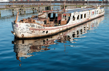 Old Ship wreck on river Spree in Berlin, Germany.