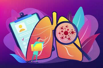 Huge magnifier showing cancer in the lungs and doctor with document folder. Lung cancer, trachea and bronchus concept on ultraviolet background. Bright vibrant violet vector isolated illustration