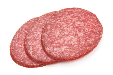 Traditional Smoked Salami Slices, close-up, isolated on a white background