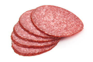 Dried Salami Sausage slices, close-up, isolated on a white background