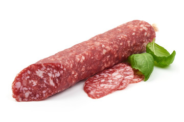 Dry-cured sausage, close-up, isolated on white background
