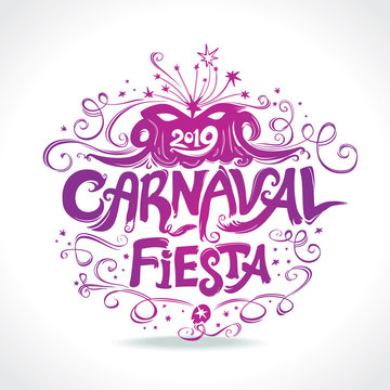 Carnaval Fiesta. logo in spanish. Carnival beautiful vintage title. Hand drawn vector templates with Masquerade Mask. 