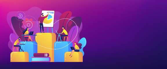 Employees with laptops learning at professional trainig. Internal education, employee education, professional development program concept. Header or footer banner template with copy space.