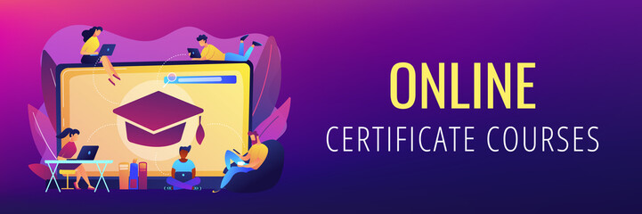 Students with laptops studying and huge laptop with graduation cap. Free online courses, online certificate courses, online business school concept. Header or footer banner template with copy space.