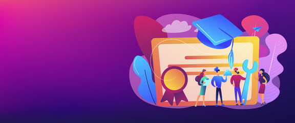 Vocational specialists graduating and diploma with graduation cap. Vocational education, professional learning, online vocational education concept. Header or footer banner template with copy space.