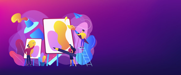 Group of people practicing new painting skills at painting workshop with equipment. Workshop, workshop session, practicing new skills concept. Header or footer banner template with copy space. © Visual Generation