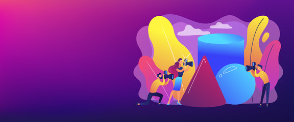 Students at workshop practicing taking photos of geometric objects. Photography workshop, post-processing workshop, photo portfolio creation concept. Header or footer banner template with copy space.