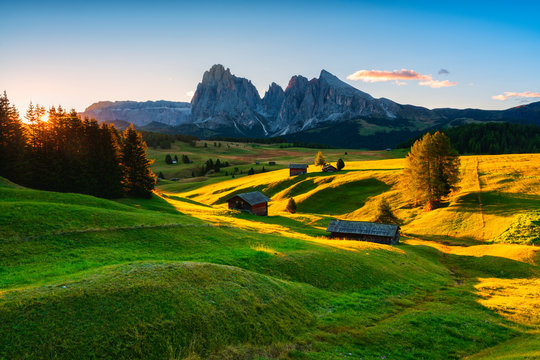 Sunrise in Seiser Alm, Dolomites in Trentino-Alto Adige