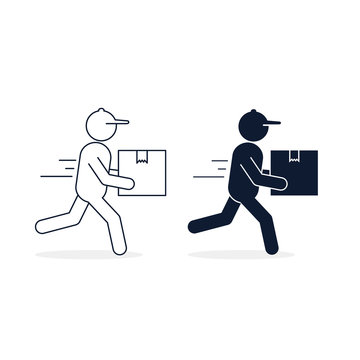 Man Courier In A Hurry To Deliver A Package, Vector Isolated Icon Set For Shipping Service Logistics. Delivery Concept