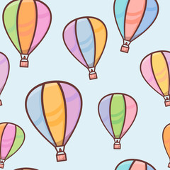 Seamless pattern with colorful balloons with outline in the sky, naive and simple background, vector illustration for children