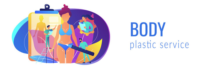 Plastic surgeons doing pencil marks and preparing body contouring of woman. Body contouring, body correction surgery, body plastic service concept. Header or footer banner template with copy space.