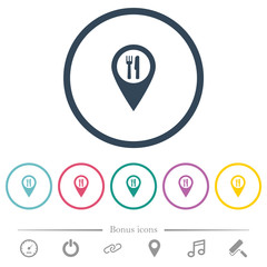 Restaurant GPS map location flat color icons in round outlines
