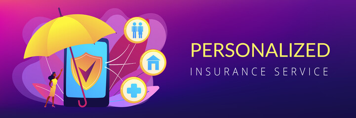 Customer getting insurance coverage and protection using smartphone. On-demand insurance, online policy, personalized isurance service concept. Header or footer banner template with copy space.