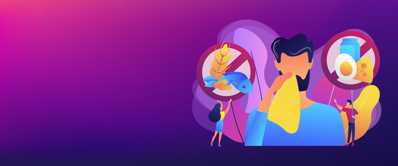 Man having food allergy symptoms to products like fish, milk and eggs. Food allergy, food alergen ingredient, allergy risk factor concept. Header or footer banner template with copy space.