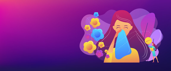 Female allergic to spring flowers sneezing and taking medicine. Seasonal allergy, seasonal allergy diagnosis, pollen allergy immunotherapy concept. Header or footer banner template with copy space.