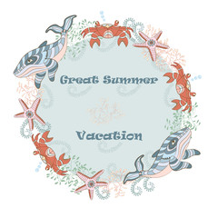 Vector greeting card template with different sea objects 03