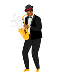 Jazz saxophonist plays saxophone isolated on white. Performance of talented musician. Vector illustration