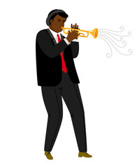 Jazz trumpeter playing on concert isolated on white. Jazz trumpeter african, musician man. Vector illustration